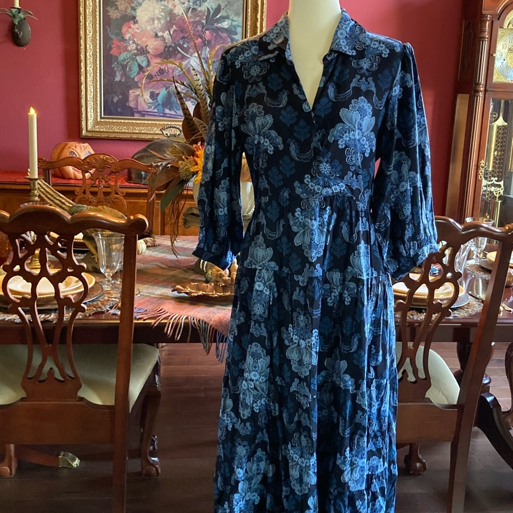 April Cornell Navy Blue Floral Midi Dress